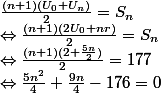 \frac{(n+1)(U_{0}+U_{n})}{2} = S_{n} \\ \Leftrightarrow \frac{(n+1)(2U_{0}+nr)}{2} = S_{n} \\ \Leftrightarrow \frac{(n+1)(2+\frac{5n}{2})}{2} = 177 \\ \Leftrightarrow \frac{5n^{2}}{4}+ \frac{9n}{4} - 176 = 0 